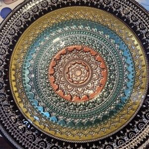 Colorful Pedestal Bowl, Orange Teal Gold Red Black Silver Metallic, 7" Tall